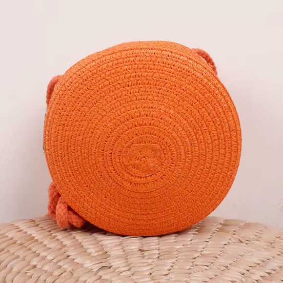 Round Orange Straw Raffia Woven Circle Bag Purse Handbag Summer Crossbody Bright - Picture 7 of 8